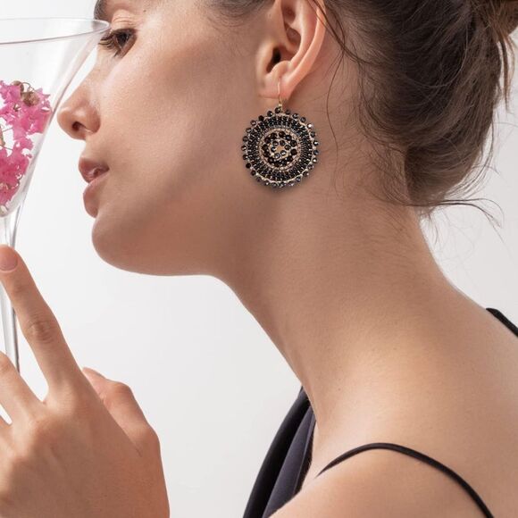 Black and Gray Beaded Crystal Round Disc Boho Statement Dangling Hook Earrings - Picture 5 of 6